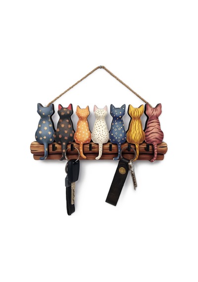 Cajuart Sıralanmış Renkli Kediler Dekoratif Ahşap Anahtarlık Askılık Duvar Dekoru 1