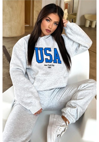 Usa Eşofman Takımı Sweatshirt Jogger - Gri Baskılı Oversize Şardonlu Kapüşonlu Gri
