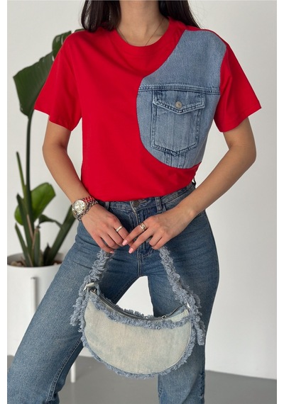 Femelle Kadın Kırmızı Denim Kot Detaylı Cepli Tasarım Pamuklu Tişört