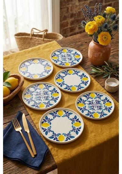 Limon 6'lı Handmade Stackable Seramik Pasta Tabak Seti - Premium Sunum & Kahvaltı Takımı - 20 Cm Beyaz