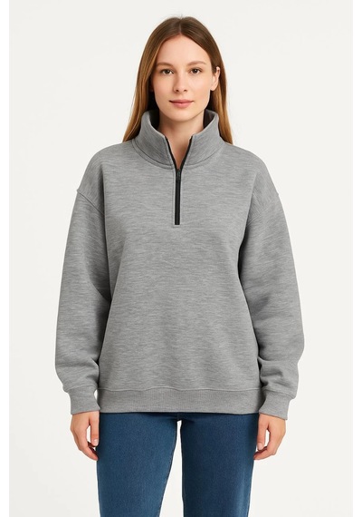 Primemagazam Kadın 3 İplik Pamuklu Dık Yaka Yarım Fermuarlı Sweatshirt - Gri Çeşitli