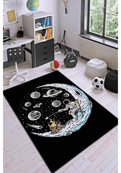 Siyah Kaymaz Taban Uzay Tema Astronotlu Çocuk Halısı Ar1157n11