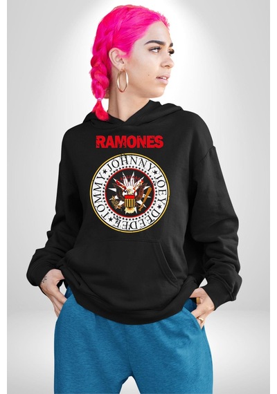 Ramones Punk Müzik Grubu Kadın Erkek Siyah Kapüşonlu Sweatshirt Hoodie Siyah