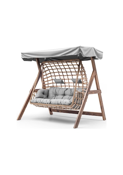 Girne Swing Ahşap Rattan Salıncak Dış Mekan Bahçe Balkon Ve Teras Ceviz