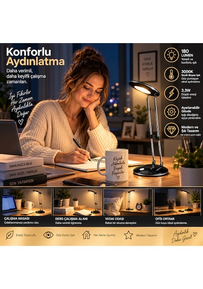 Led Masa Lambası 3.3w 180 Lumen 3000k Sıcak Siyah Ayarlanabilir Başlıklı Çalışma Ve Ders Lambası