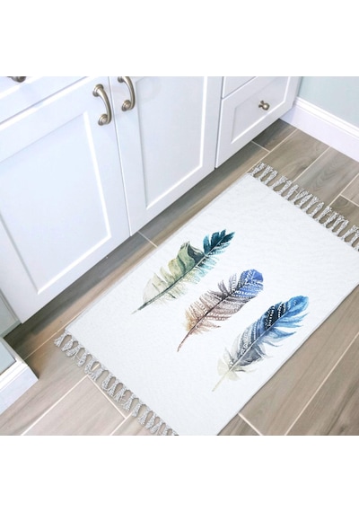 Banyo Halısı Dijital Baskılı Banyo Paspası 50x80 Polyester Kaymaz Tabanlı Duş Paspası Plume Beyaz - Siyah