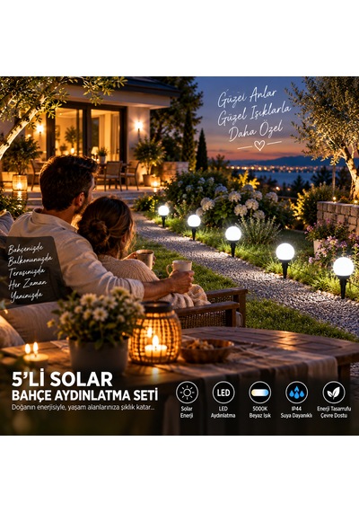 5 Li Solar Bahçe Aydınlatma Led Küre Seti Güneş Enerjili Dekoratif Işık Saplamalı & Asılabilir