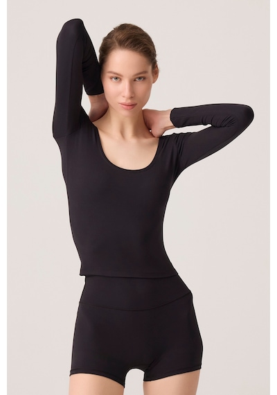 Los Ojos X Ece Siyah Uzun Kollu U Yaka Spor Bluz Scoop Neck Top Siyah Siyah