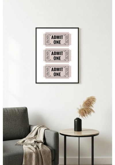 Doğal Ahşap Çerçeveli Retro Bilet Temalı Tablo - Admit One Minimalist Huhu2712