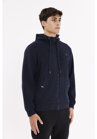Rowinger Metal Uçlu Kordonlu Tam Fermuarlı Bölmeli Ön Cepli Küçük Nakış Logolu Rahat Kalıp Mevsimlik Kapüşonlu Sweatshirt Navyblue