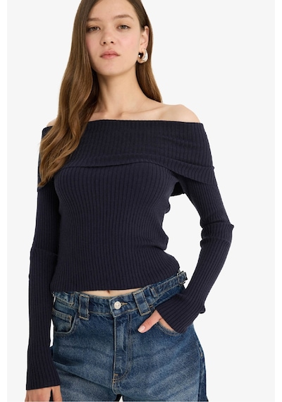 Defacto Slim Fit Dar Kesim Açık Omuz Triko Kazak B6537AX23WN Lacivert