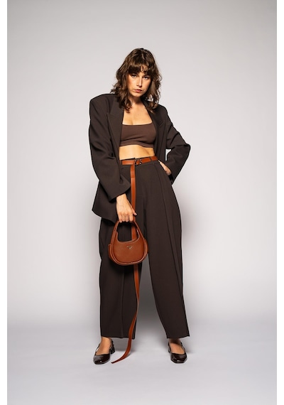 Kadın Kahverengi Basene Oturan Oversize Blazer Kahverengi