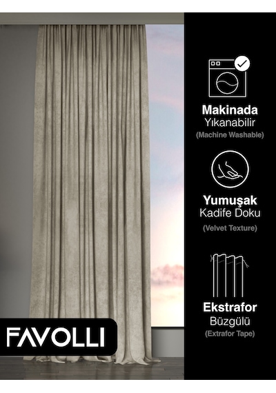 Kadife Dokulu Keten Rengi Ada Fon Perde Ekstrafor Büzgülü Dream Series Keten