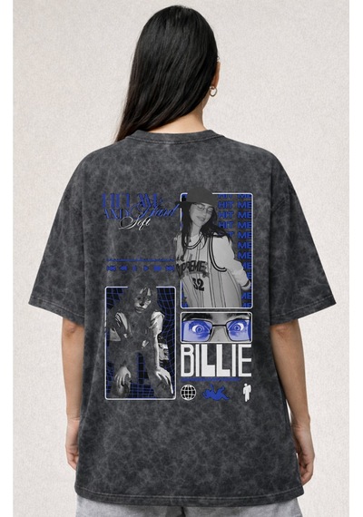 Sevbano Billie Eilish Şarkıcı Baskılı Unisex Oversize Eskitme Yıkamalı Ti Siyah