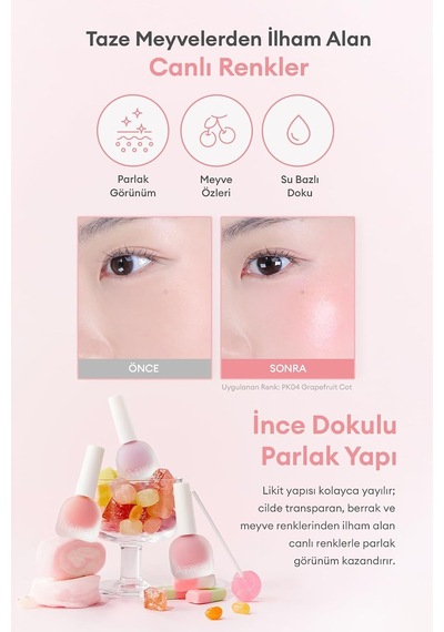 Meyve Özlü, Nemli Ve Parlak Bitişli, Doğal Görünümlü Likit Allık Apıeu Juicy-pang Water Blusher Pk05 Pk05 Çok Renkli