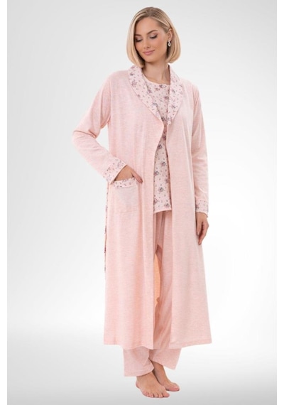 Mecit Pijama Mecit 6316 Pudra Kadın Büyük Beden Sabahlıklı Pijama Takımı Pudra