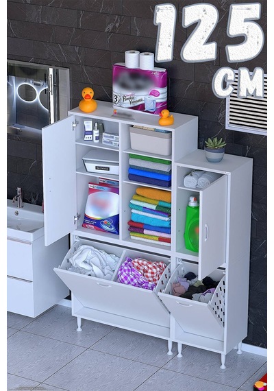 Ohbe 85 + 40cm Genişlik 160cm Boy 32,5cm Derinlik Kirli Sepetli 2 Kapak Çok Amaçlı Banyo Dolabı Beyaz Ohbe 85 + 40cm Genişlik 160cm Boy 32,5cm Derinlik Kirli Sepetli 2 Kapak Çok Amaçlı Banyo Dolabı Beyaz