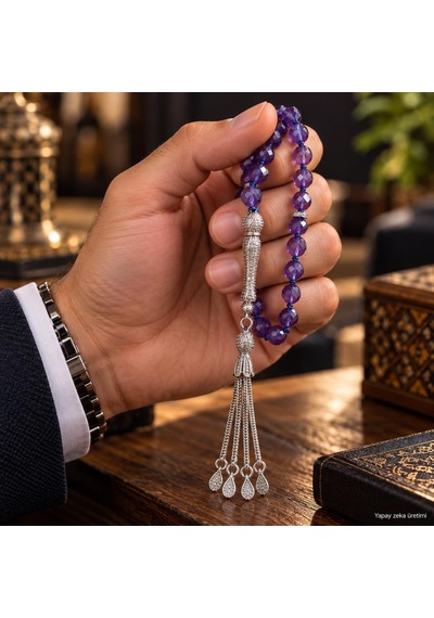 Ametist Tesbih 925 Ayar Gümüş Püsküllü Sertifikalı Faset Kesim Doğal Taş Premium Kalite Özel Tasarım Sarı