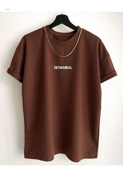 Flood Of Style Erkek Kahverengi Istanbul Baskılı Oversize Bisiklet Yaka Tshirt