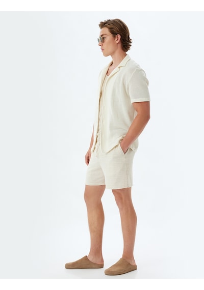 Koton Skinny Fit Şort Kısa Beli Bağcıklı Cep Detaylı Pamuklu Bej Çizgili 4sam40242hw Ekru