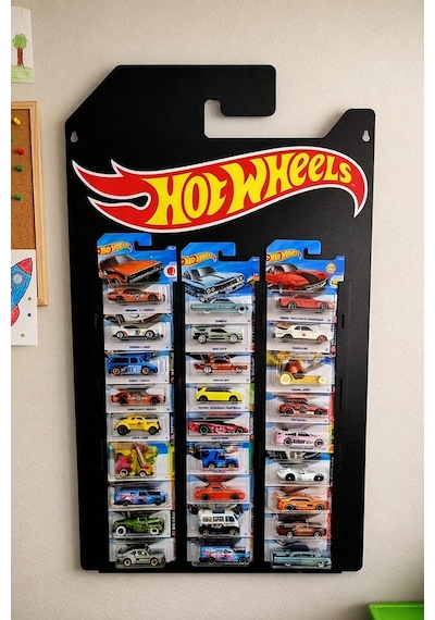 Hotwheels Temalı Kartonetle Saklamalı 30 Arabalik Sergileme Rafı Sadece Regular Ve Silver Kartlı Siyah
