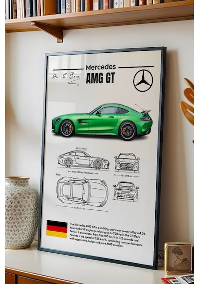 Mercedes-amg Gt Tablo - Teknik Özellikli Spor Araba Poster - Çerçeve Duvar Dekoru - Araba Blueprint Siyah