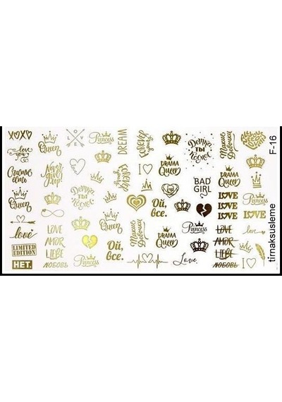 Altın Love ve  Kalpli Tırnak Dövme Tırnak Sticker Nail Art F 16