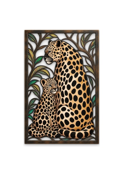 Leopar Anne Ve Yavrusu Metal Tablo 52x80 Cm Çok Renkli
