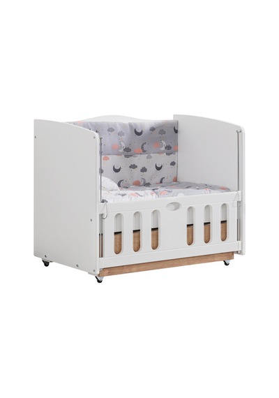 Beşik, Mini Çekmeceli Korkuluklu Sallanan Beşik 60x100 Cm - Beyaz Ceviz Çok Renkli