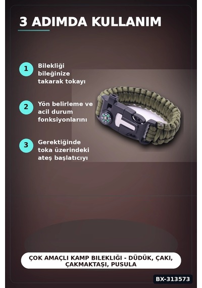 Çok Amaçlı Kamp Bilekliği - Düdük, Çakı, Çakmaktaşı, Pusula Ve Paraşüt İpi Dahil Bx-313573