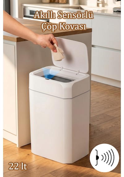 Porsima Me03 Hareket Sensörlü Sessiz Kapatma Çöp Kutusu Banyo Mutfak Çöp Kovası Kapaklı Banyo Çöp Kovası 22lt Beyaz