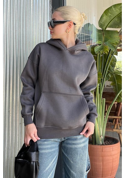 Füme Kapüşonlu Şardonlu Oversize Cepli Sweatshirt Mg2206