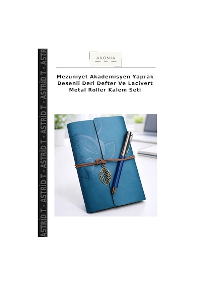 Mezuniyet Akademisyen Yaprak Desenli Deri Defter Ve Lacivert Metal Roller Kalem Seti Çok Renkli