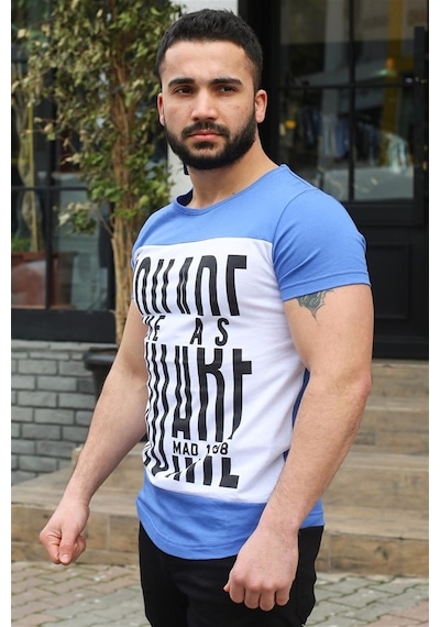 Madmext Bisiklet Yaka Baskılı Saks Tişört 3001