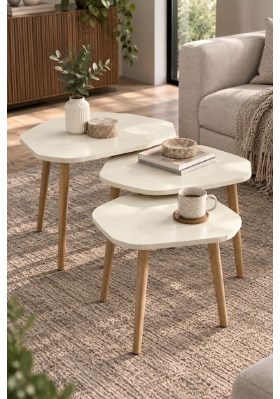 Sulorahome Ekru 3'lü Geometrik Zigon Sehpa Seti