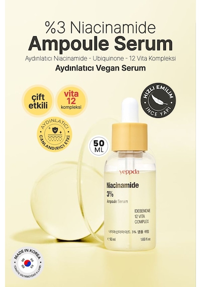 Yeppda %3 Niacinamide İçeren Aydınlatıcı Vegan Serum Yeppda Niacinamide %3 Ampoule Serum 50 ML Büyük Boy
