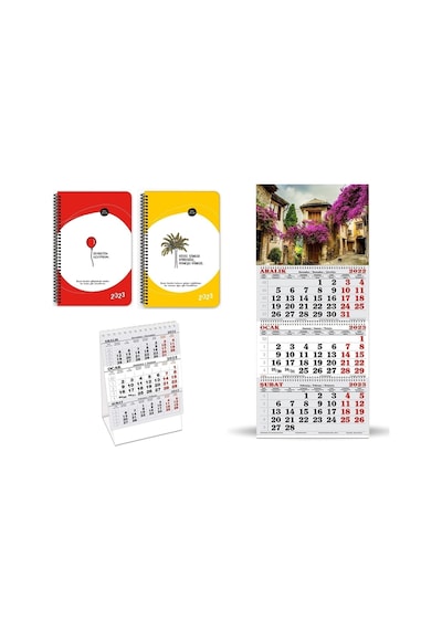 2023 4 Lü Set 2x Haftalık Ajanda - +masa Takvimi+duvar Takvimi Kırmızı-sarı
