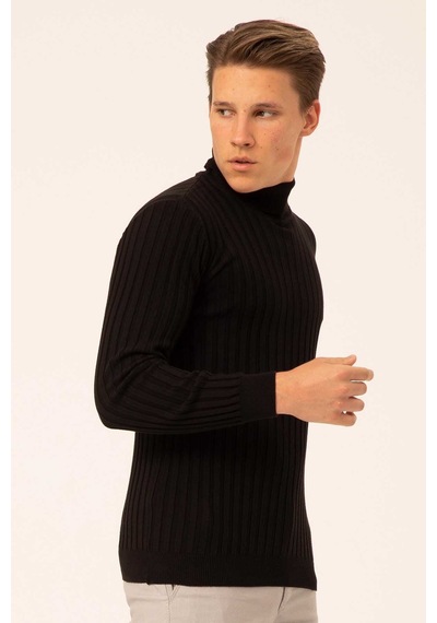 Ateş Triko Erkek Balıkçı Yaka Slim Fit Fitilli Triko Kazak 6091288 Siyah Siyah
