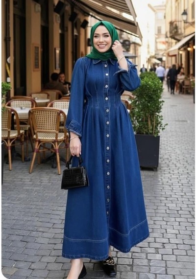 Hb Harma Time Butik Kadın Beli Büzgülü Düğmeli Koyu Kot Mavi Elbise Koyu Mavi