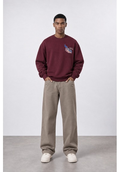 Respire Erkek Natural Patch Detaylı Oversize Sweatshirt Bordo