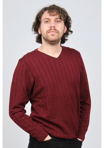 Desen Triko Erkek V Yaka Yün Kazak 0249626 Bordo Bordo