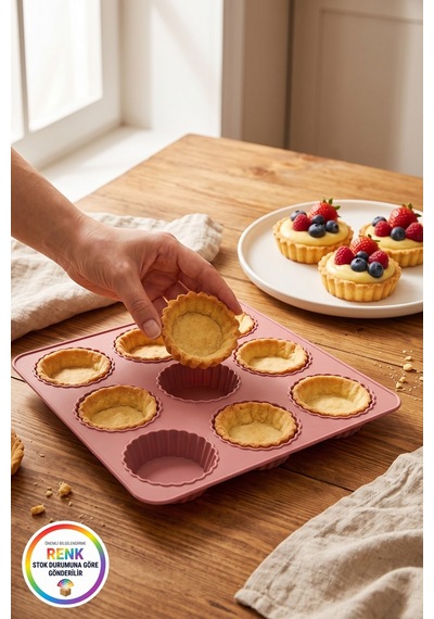Silikon Tartolet Kalıbı Kolay Çıkan Esnek Platinum Silikon 9 Gözlü Mini Tart Kek Kalıbı 25 Cm Çok Renkli