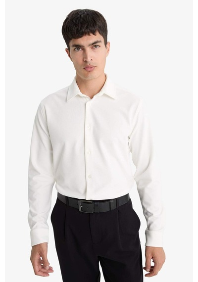 Defacto Slim Fit Dar Kesim Polo Yaka Penye Uzun Kollu Gömlek E9061ax25auwt32 Beyaz