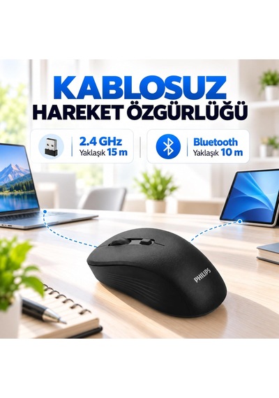 Spk7538 Kablosuz Mouse, 2.4 Ghz + Bluetooth 3.0/5.2, 800/1200/1600 Dpı, Sessiz Tıklama, 5 Tuş, 3 Milyon Tıklama, 62g, Windows Android Macos Uyumlu, Siyah