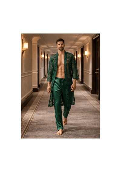 Qmen Style Erkek Kimono Takımı 3 Lü Dantel Set Bornoz + Pantolon + Şort Yeşil