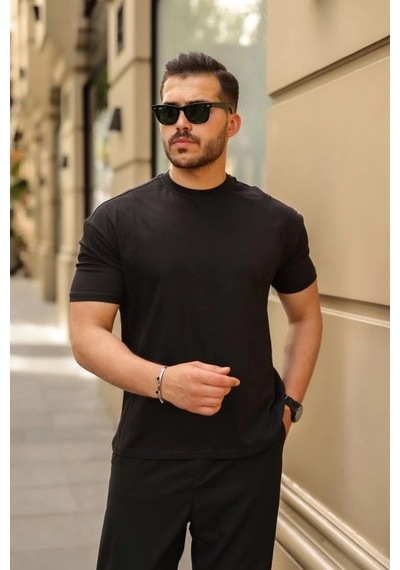 Valensdesign Erkek Kolları Dar Kesim Rahat Kalıp Basic Tişört Siyah