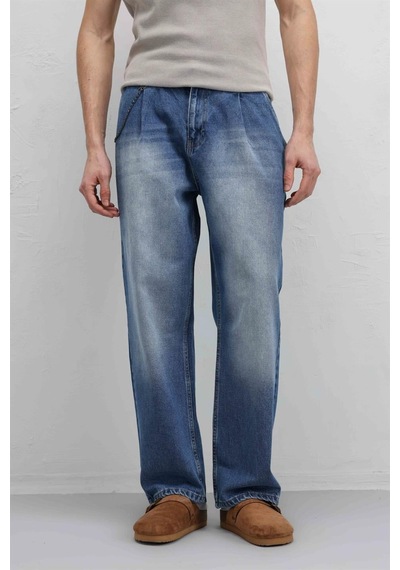 Vamos Pileli Zincir Detaylı Baggy Jean Mavi