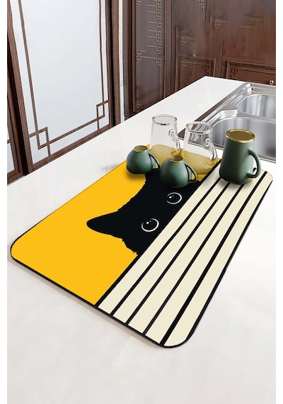 Sarı Kedi Temalı Microfiber Bulaşık Kurutma Matı Mm015