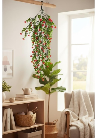 Yapay Çiçek Kırmızı Sarkan Lotus Çiçekli Okaliptus Şimşir Yapay Sarmaşık 5dal 60cm