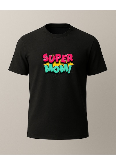 Super Mom Baskılı Anne T-shirt'ü Siyah